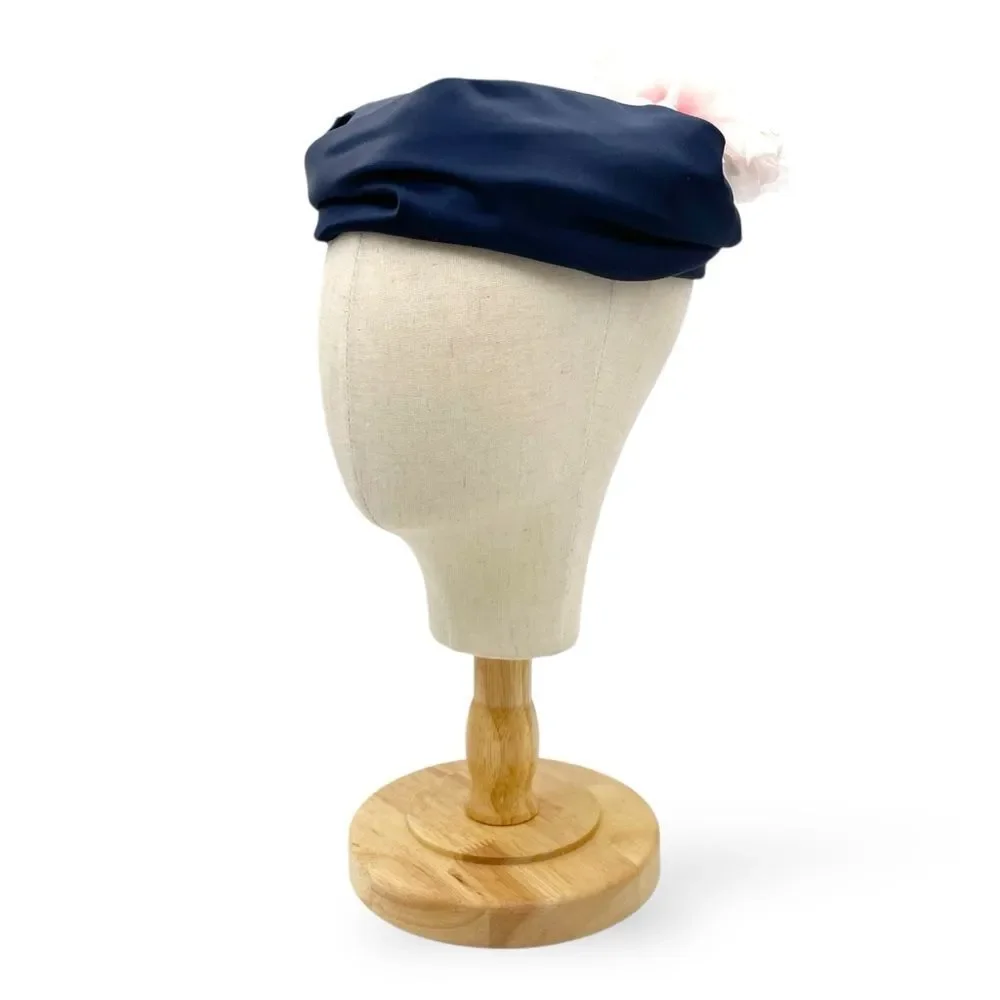 Vintage 1950s Navy Blue Hat Pink Flower Trim Size 22 1/2 Pillbox Fascinator - Picture 6 of 15